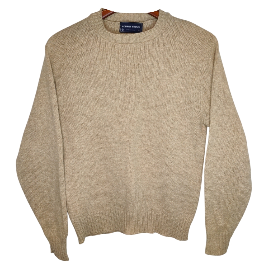 126. Vintage Robert Bruce Wool Sweater Pullover USA Large Knit Tan Long Sleeve